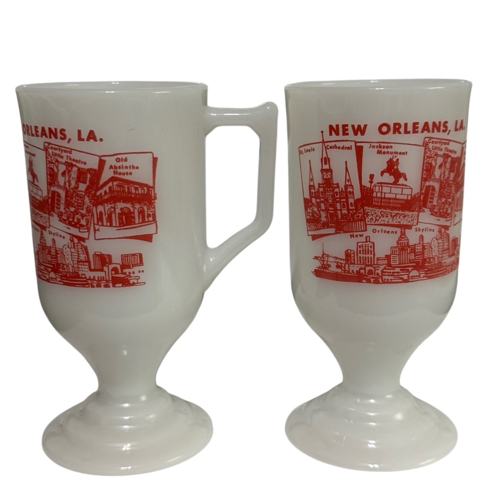 Set of 2 Vintage New Orleans White Milk Glass w Red Souvenir Pedestal Mugs Cups